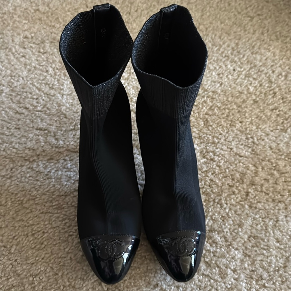 Chanel Black Knit Fabric and Patent Leather CC Cap Toe Ankle Booties